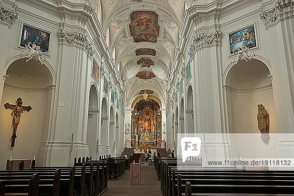 Innenansicht mit Deckenfresko  Verzierungen  Figuren und Gemälde der barocken Neumünster Kirche  Neumünsterkirche  Kunsthandwerk  Kruzifix  Würzburg  Unterfranken  Franken  Bayern  Deutschland  Europa