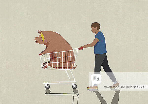 Man pushing pig with price tag in shopping cart