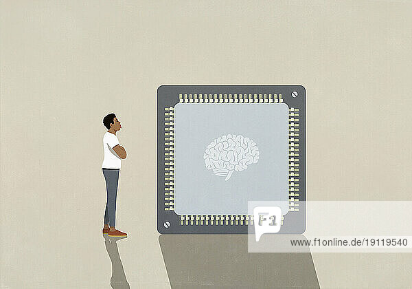 Man staring at large AI brain microchip