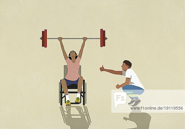Supportive boyfriend cheering strong girlfriend in wheelchair weightlifting barbell overhead
