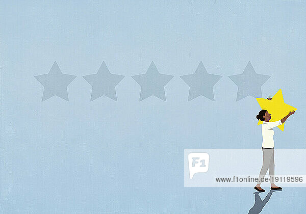 Woman removing rating star from blue background