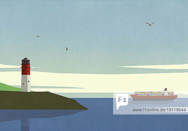 Seagulls flying over lighthouse and cargo ship on tranquil ocean