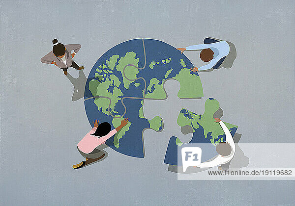Global business people connecting earth jigsaw puzzle