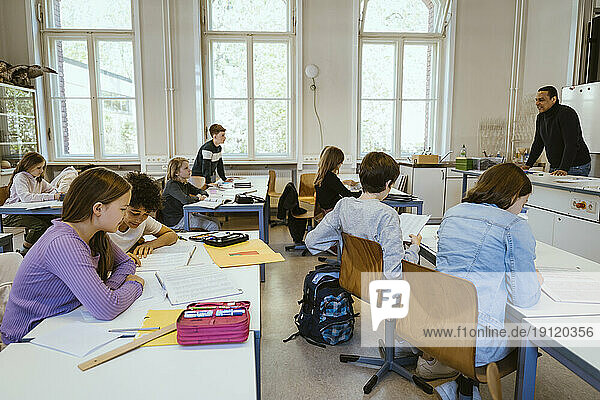 Männliche und weibliche Studenten studieren zusammen  während sie im Klassenzimmer am Schreibtisch sitzen