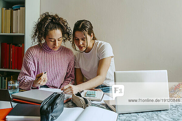 Junge Freundinnen helfen sich gegenseitig bei den Hausaufgaben