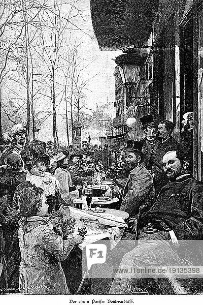 Pariser Boulevardcafé  Paris  viele Menschen  Freizeit  Vergnügen  Strasse  Café  sitzen  Getränke  Gläser  Flaschen  Damen  Herren  Kind  Blumen  Verkauf  Mode  Laterne  Häuser  Frankreich  historische Illustration um 1898  Europa
