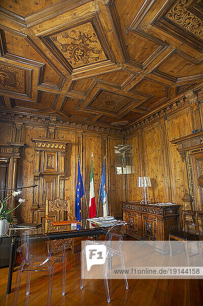 Europe  Italy  Lombardy  Sondrio  Valtellina  Town Hall  Carbonera wooden stua at Palazzo Pretorio
