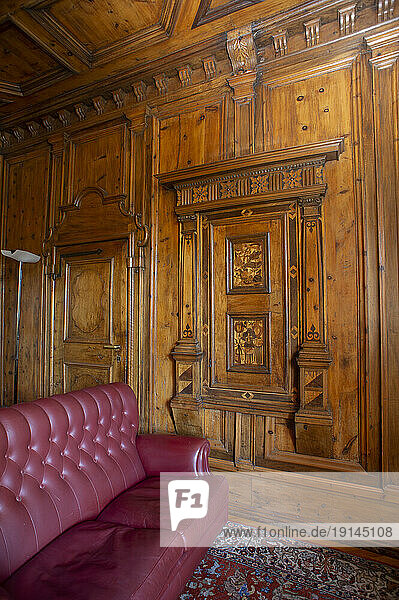 Europe  Italy  Lombardy  Sondrio  Valtellina  Town Hall  Carbonera wooden stua at Palazzo Pretorio