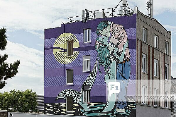 Mural  Meerjungfrau verführt Seemann  küssende Nixe  Wandbild des Streetart-Künstlers Dface  Ostende  belgische Küste  Westflandern  Belgien  Europa