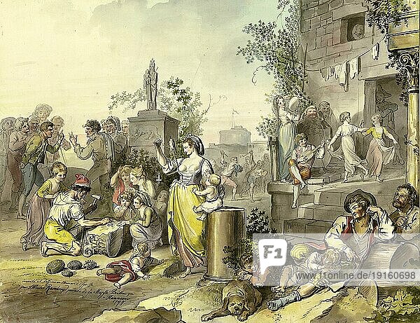 Das Leben der reichen Bürger in Trastevere  Stadtteil von Rom  um 1820  Italien  Gemälde von Johann Heinrich Ramberg  Historisch  digital restaurierte Reproduktion von einer Vorlage aus dem 19. Jahrhundert  Europa