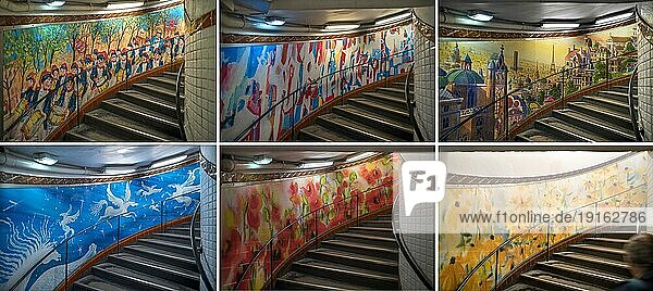 Mehrstöckige Treppenaufgänge in der Métro-Station Abbesses kreativ mit Malereien gestaltet  Paris  Frankreich  Europa