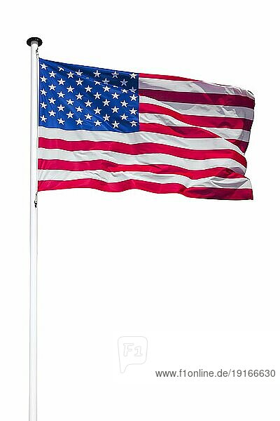 Amerikanische Flagge mit US Sternen und Streifen weht im Wind gegen weißen Hintergrund