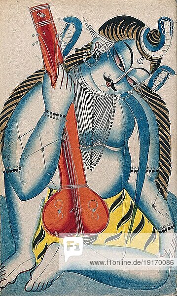 Ein berauschter Shiva  der eine Sitar oder Tambura in Form eines Lingam hält. Wie alle Hindu-Gottheiten hat Shiva viele Erscheinungsformen  er kann in einem Aspekt gütig und in einem anderen grimmig sein. Der Lingam ist das heiligste Objekt im Zusammenhang mit der Verehrung von Shiva. Er steht für Shivas Schöpferkraft und seine Macht  die Kreativität zu kontrollieren  indem er die sexuelle Energie in spirituelle Energie umwandelt  1890  Ostindien  Bengalen  Kolkata  Tempel Kalighat  Historisch  digital