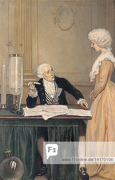 Lavoisier erklärt seiner Frau das Ergebnis seiner Experimente mit Luft  Antoine Laurent de Lavoisier (26. August 1743) (8. Mai 1794) war ein französischer Chemiker und Naturwissenschaftler  Rechtsanwalt  Hauptzollpächter  Ökonom und Leiter der französischen Pulververwaltung  Historisch  digital restaurierte Reproduktion einer Vorlage der damaligen Zeit