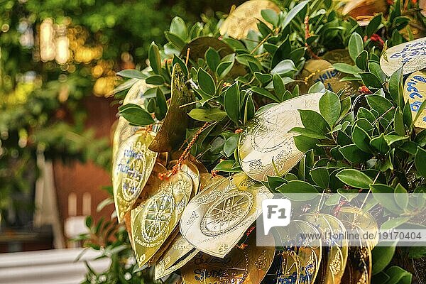 Traditionelle Form des Gebets in Thailand  künstliche goldene Blätter mit handgeschriebenen Wünschen in vielen Sprachen  die an Bodhi Baumzweige gebunden sind. Selektiver Fokus  unscharfer Hintergrund. Religion  Rituale  Anbetung  Wünsche  mehrsprachig