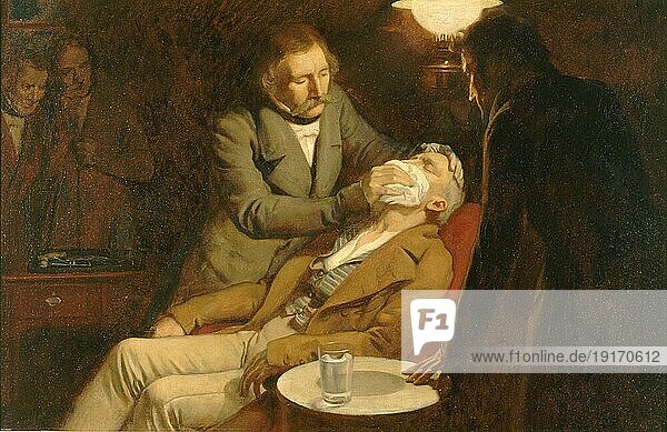 Zahnarzt  die erste Verwendung von Äther zur Betäubung in der Zahnchirurgie  1846  Historisch  digital restaurierte Reproduktion einer Vorlage der damaligen Zeit