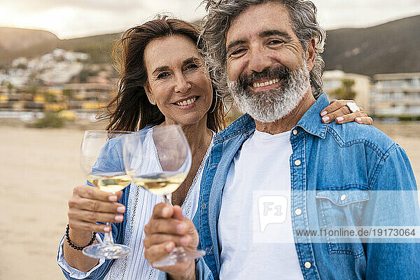 Smiling couple toasting wineglasses at beach on weekend
