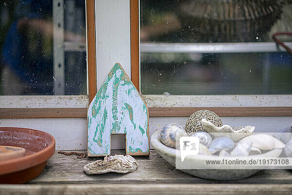 Various sea shells in bowl with model house on table near window