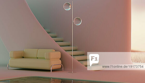 3D render of minimalistic interior with sofa and floor lamp