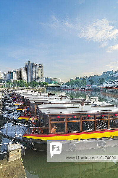 Singapore  Singapore City  Row of boats moored in Clarke Quay