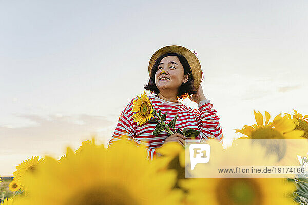 Smiling mature woman with hat in sunflower filed