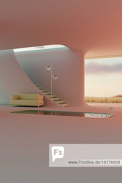 3D render of minimalistic interior with sofa  floor lamp and swimming pool