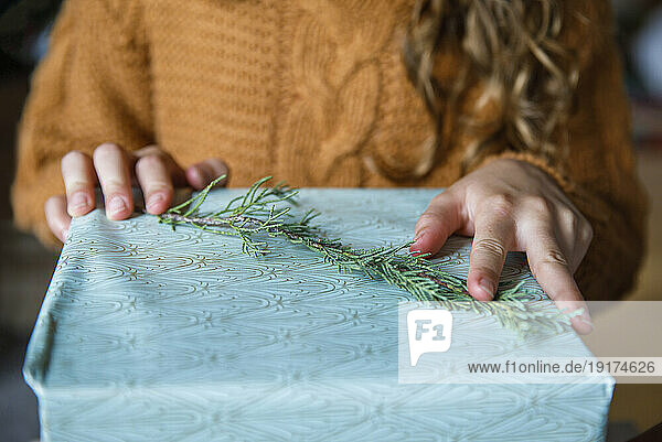 Hands of girl decorating Christmas gift box with twig at home