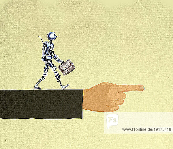 Illustration of humanoid robot carrying briefcase along large pointing arm