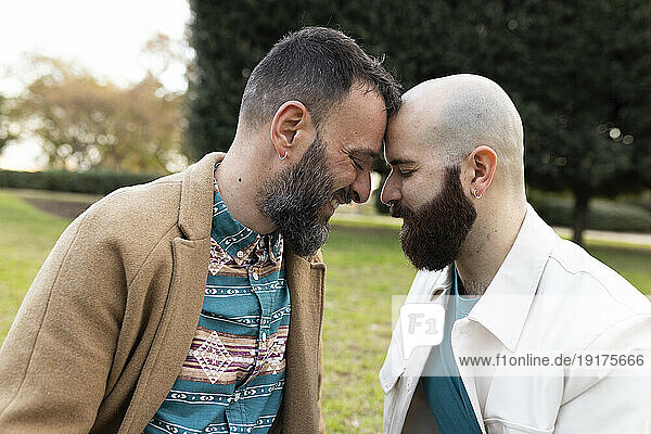 Loving gay couple embracing each other in park