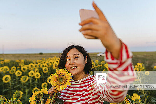 Smiling woman with sunflower taking selfie on mobile phone in field