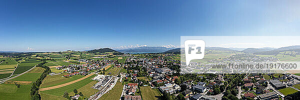 Austria  Upper Austria  Saint Georgen im Attergau  Drone panorama of rural town in summer