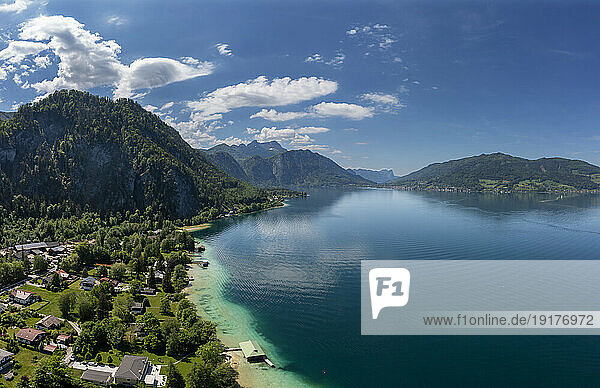 Austria  Upper Austria  Weissenbach am Attersee  Drone view of Lake Atter and surrounding village in summer