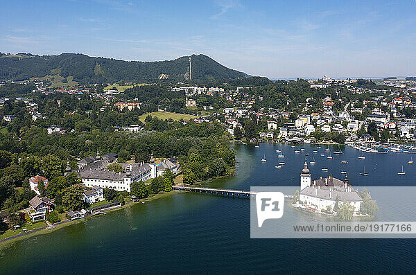 Austria  Upper Austria  Gmunden  Drone view of Toscanapark and Schloss Ort in summer