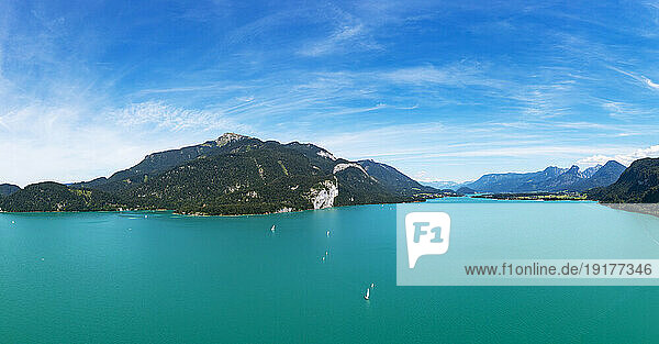 Austria  Upper Austria  Sankt Gilgen  Drone panorama of Lake Wolfgangsee and Schafberg mountain in summer