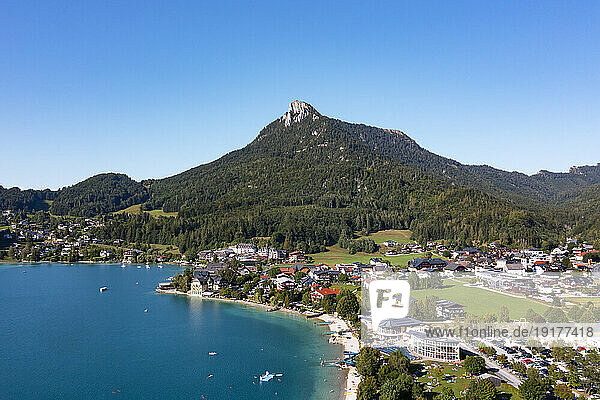Austria  Salzburger Land  Fuschl am See  Drone view of town on shore of Fuschl Lake in summer