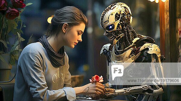 Symbolfoto für die Liebe in der Zukunft  Junge Frau bekommt von einem Roboter eine Rose geschenkt  KI generiert