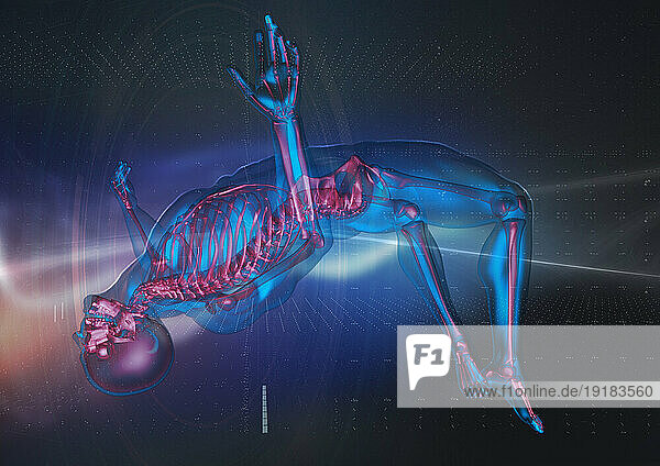 CGI image of skeleton of high jumper performing a backflip