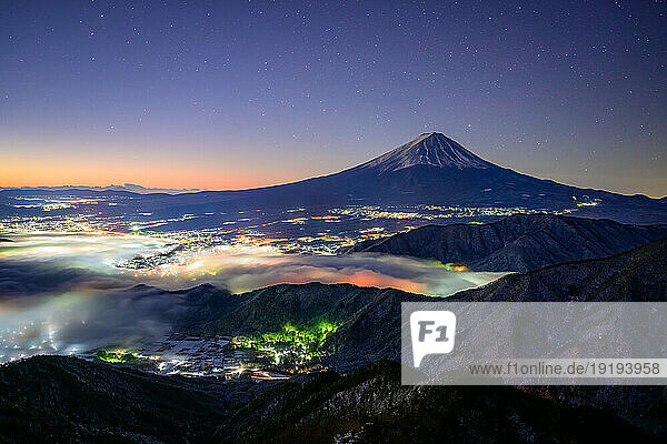 Night view of Mount Fuji and Fujikawaguchiko City