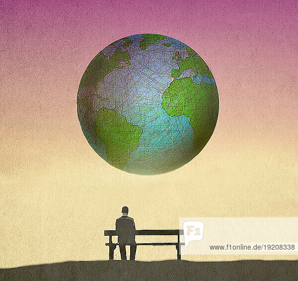 Illustration of man sitting alone on bench looking at planet Earth floating in background