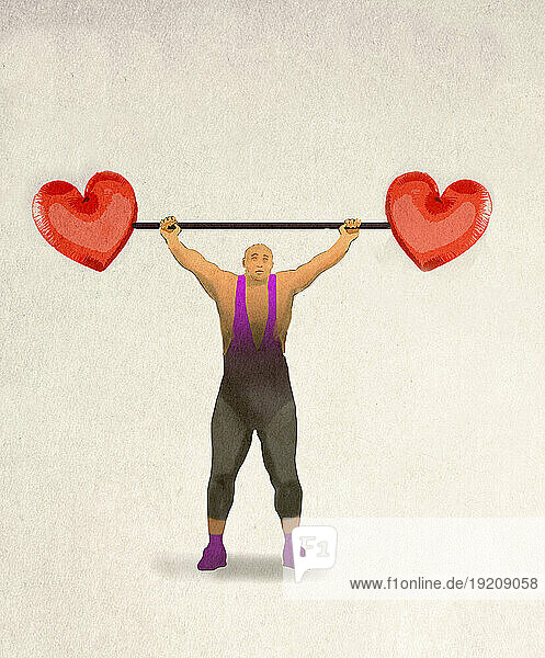 Illustration of strongman holding barbell with heart shaped weights