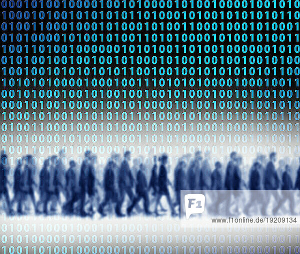 Illustration of crowd of people walking against floating binary code
