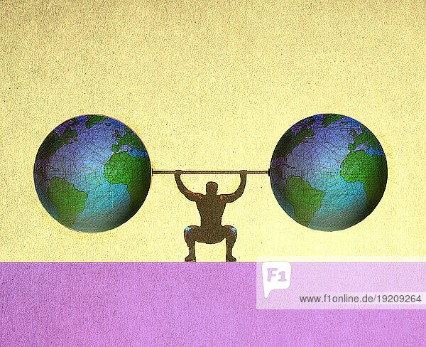 Illustration of man lifting barbel made of planet Earth globes