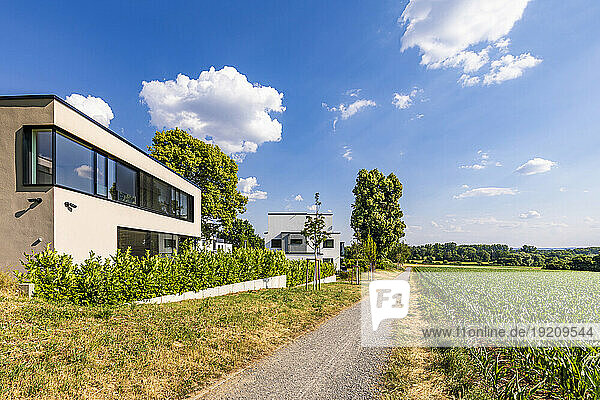 Germany  Baden-Wurttemberg  Ludwigsburg  Footpath stretching between field and modern suburban house