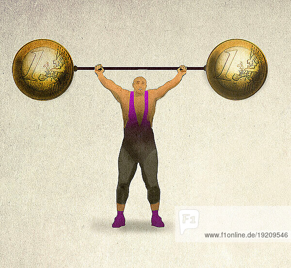 Illustration of strongman holding barbell made of one Euro coins