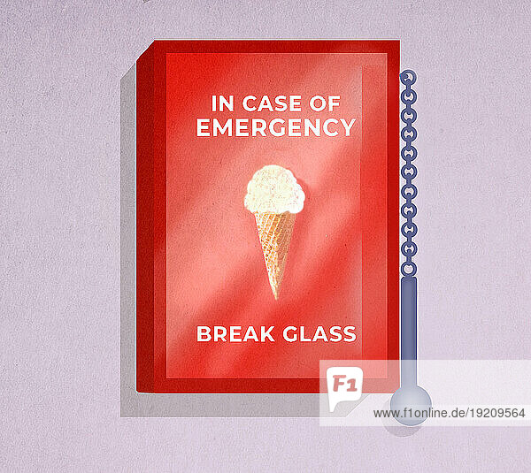 Illustration of ice cream inside safety box with glass breaker