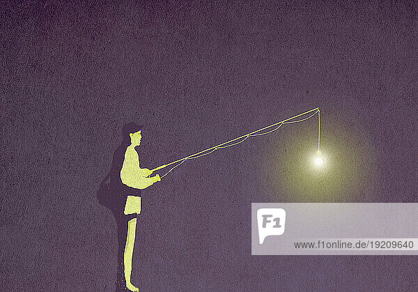 Illustration of man fishing with glowing light bulb on line
