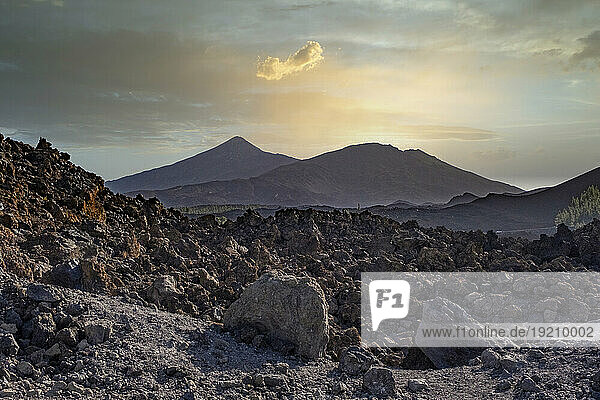 Spain  Canary Islands  Rocky landscape of Teide National Park at sunset
