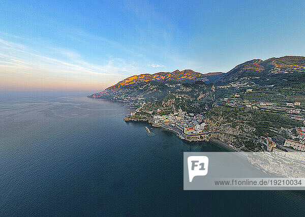 Amalfi coast near Mediterranean Sea at sunrise