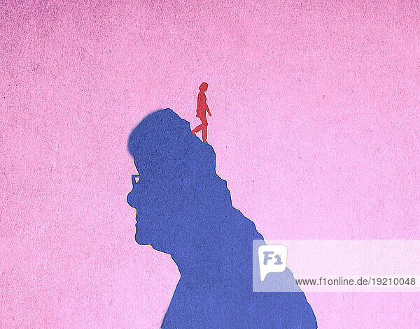 Illustration of woman walking down deteriorating head of senior woman suffering from Alzheimers disease