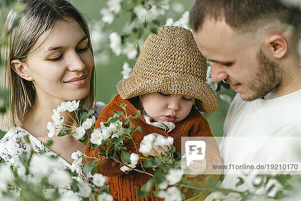 Smiling parents with child spending leisure time in garden